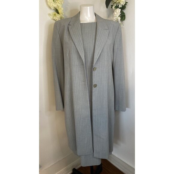 Vintage St Michael Marks Spencer 2 Piece Dress & Coat Set Gray Pinstripe Sz 16 - Picture 1 of 16